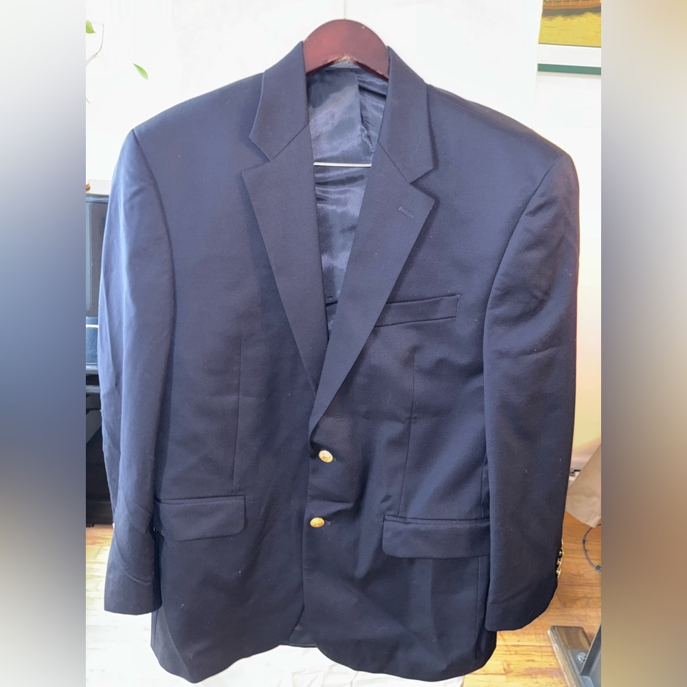 LAUREN Ralph Lauren Men's Navy Blue 100% Wool Blazer Gold Crest Buttons 42R